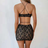 Sexy Lace Cross Neck Design Short Skirt Slim Fit Open Back Fashion Ribbon Hollow Out Dress