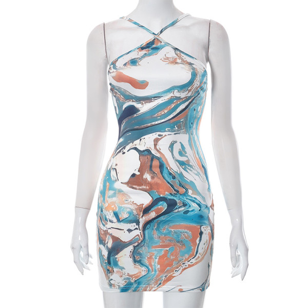Sexy Hanging Neck Print Lace Up Open Back Women's Dress