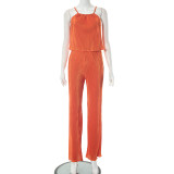Solid color suspender with loose and smooth drapes, casual two-piece set