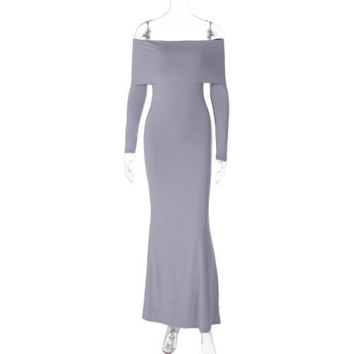 Elegant style one shoulder new patchwork patch long sleeved buttocks wrapped mid size solid color dress