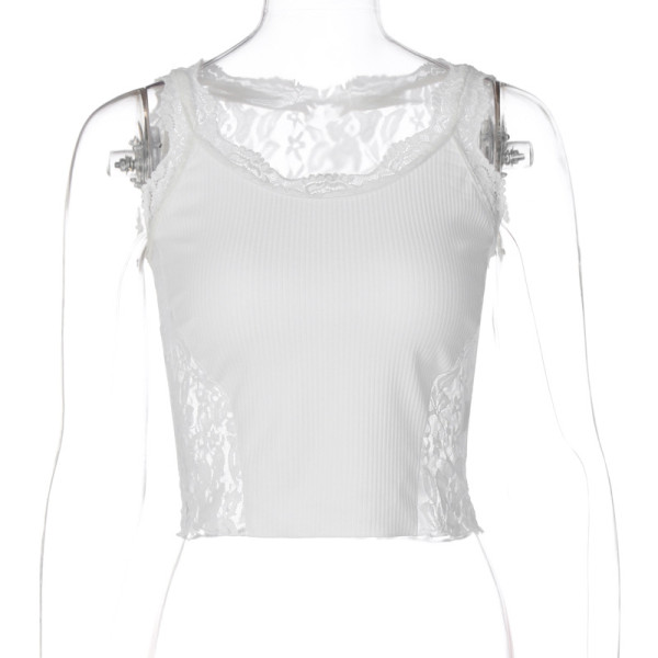 Versatile Tank Top Solid Color Splice Lace Slim Fit Open Umbilical Small Sling Strap