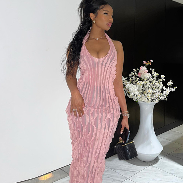 Women's sexy solid color backless deep V new pressed pleated middle style hanging neck and buttocks wrap dress