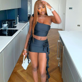 Women's Solid Color One Shoulder Spliced Flower Tank Top Sexy Wood Ear Edge Short Skirt Two Piece Set