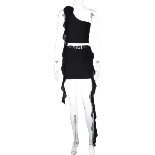 Women's Solid Color One Shoulder Spliced Flower Tank Top Sexy Wood Ear Edge Short Skirt Two Piece Set
