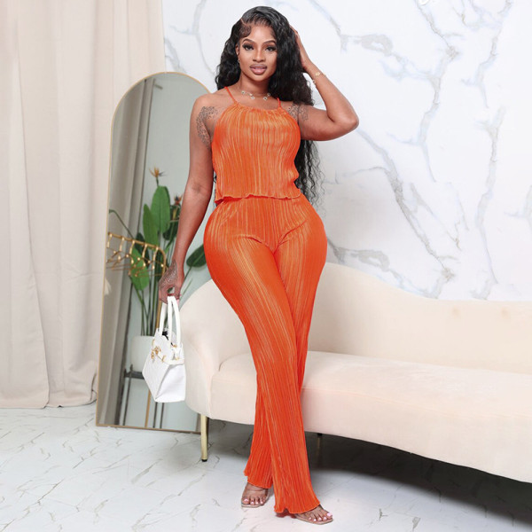 Solid color suspender with loose and smooth drapes, casual two-piece set