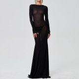 Women's Sexy Mesh Open Back Strap Long Sleeve Extra Long Dress
