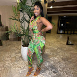 Women's fashion printed backless top Leggings casual suit