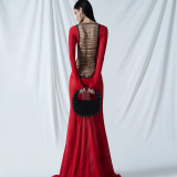 Women's Sexy Mesh Open Back Strap Long Sleeve Extra Long Dress