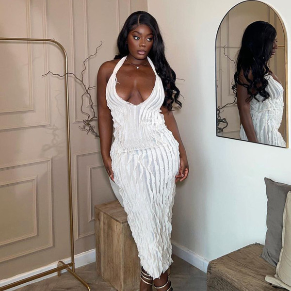 Women's sexy solid color backless deep V new pressed pleated middle style hanging neck and buttocks wrap dress