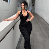 Women's sexy solid color backless deep V new pressed pleated middle style hanging neck and buttocks wrap dress