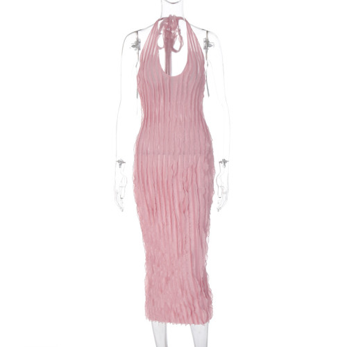 Women's sexy solid color backless deep V new pressed pleated middle style hanging neck and buttocks wrap dress