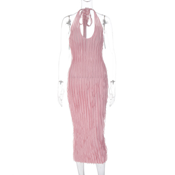 Women's sexy solid color backless deep V new pressed pleated middle style hanging neck and buttocks wrap dress