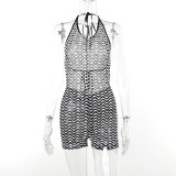 Hanging strap, neck, contrasting color stripes, sexy and slightly transparent, slim fitting, spicy girl, open back lace up jumpsuit shorts