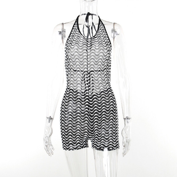 Hanging strap, neck, contrasting color stripes, sexy and slightly transparent, slim fitting, spicy girl, open back lace up jumpsuit shorts