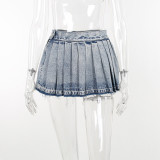 High waisted pleated denim skirt