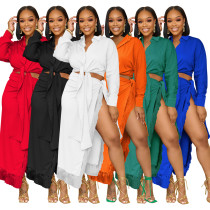 Women's shirt skirt two-piece fringed lace set with straps and split skirt