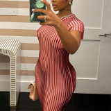 Fashion casual street style round neck short sleeved striped printed dress