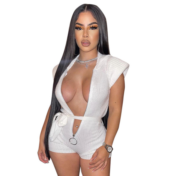 Tight zippered hooded short sleeved waistband jumpsuit shorts