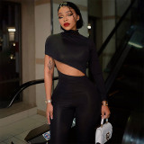 Tight solid colored irregular navel exposed jumpsuit pants