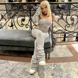 Woolen sleeve, neck tied, hollowed out jumpsuit, pile up pants