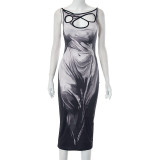 Casual body printed irregular hollow sleeveless suspender dress