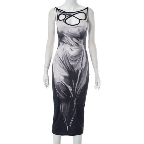 Casual body printed irregular hollow sleeveless suspender dress