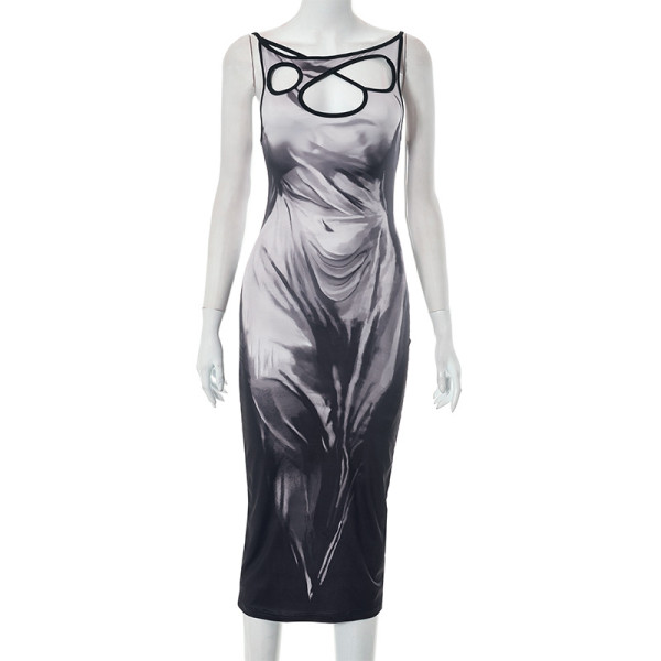 Casual body printed irregular hollow sleeveless suspender dress