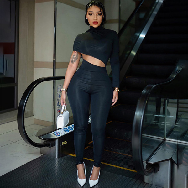 Tight solid colored irregular navel exposed jumpsuit pants