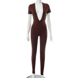 Sexy Tight Deep V Open Back Short Sleeve One Piece Pants