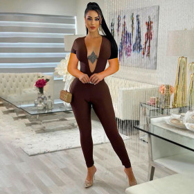 Sexy Tight Deep V Open Back Short Sleeve One Piece Pants