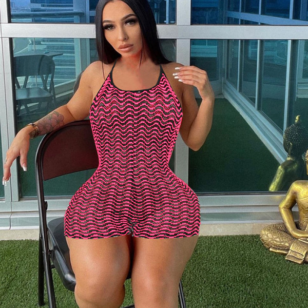Hanging strap, neck, contrasting color stripes, sexy and slightly transparent, slim fitting, spicy girl, open back lace up jumpsuit shorts