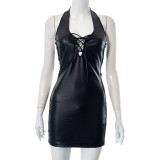 Hanging neck lace up patchwork mesh dress