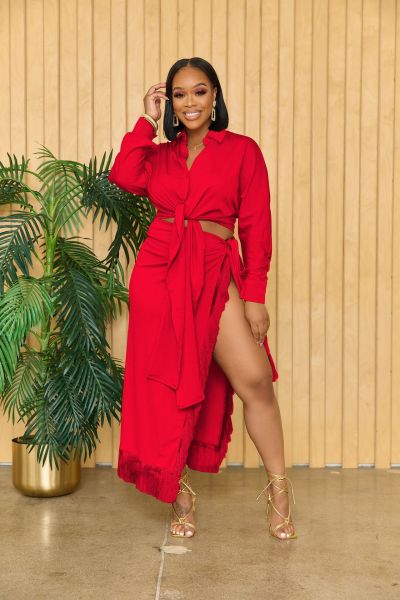 Women's shirt skirt two-piece fringed lace set with straps and split skirt