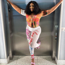 Printed mesh tight cardigan top pants casual set