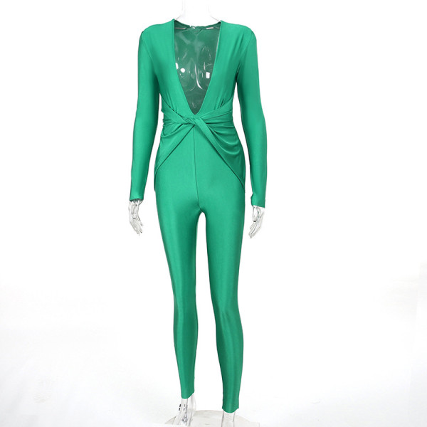 Long sleeved deep V-neck sexy hollow out slim fitting fashionable casual spicy girl jumpsuit