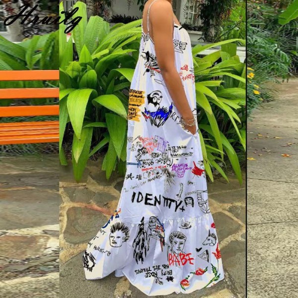 V-neck sexy retro printed large hem loose strap mid length shirt group dress