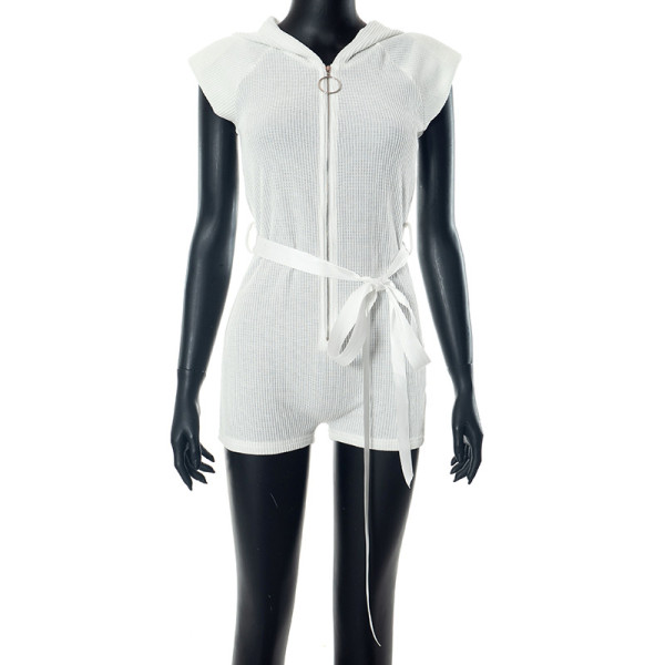 Tight zippered hooded short sleeved waistband jumpsuit shorts