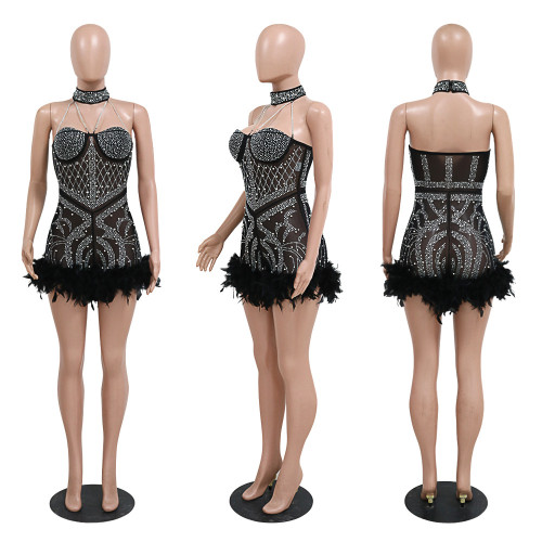 Hot Diamond Feather Jumpsuit, European and American Fashion Sexy Banquet Party Short