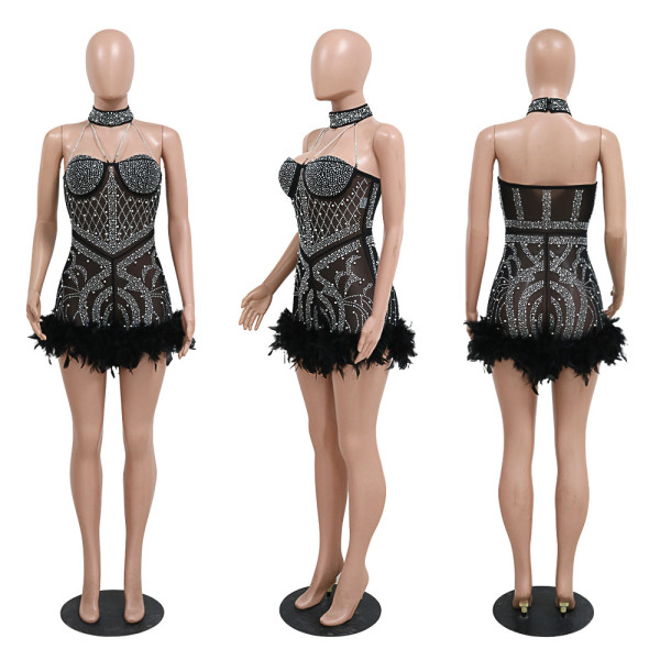 Hot Diamond Feather Jumpsuit, European and American Fashion Sexy Banquet Party Short