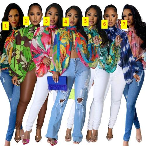 Casual round neck loose fitting long sleeved top with fashionable digital printing style