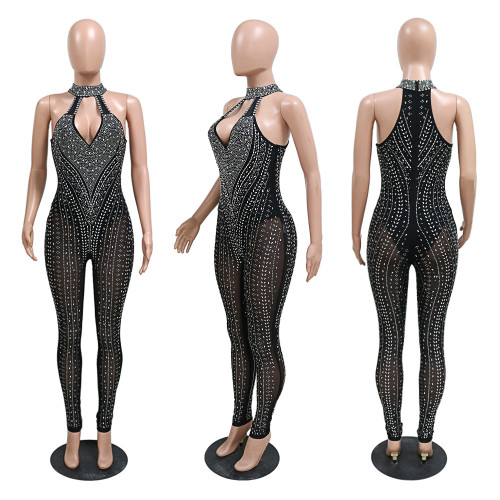 Sexy Hollow Hot Diamond Sexy Perspective Zipper Jumpsuit Fashion Slim Fit Sleeveless Pants