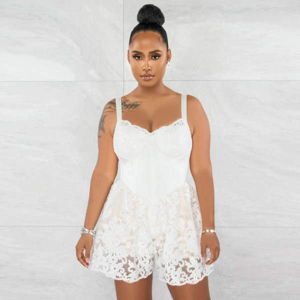 Fashion Strap Lace Edge Loose Bodysuit Slim Fit Wide Leg Pants