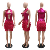 Solid color patchwork dress with fashionable round neck hollowed out design and hip wrap short skirt