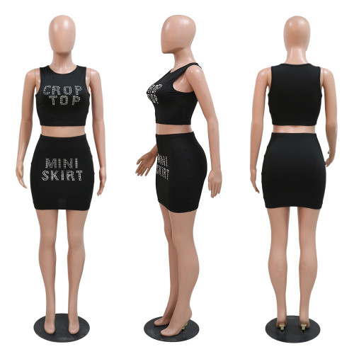 Sleeveless Round Neck Short Top Wrapped Hip Half Skirt Sexy Fit Two Piece Set