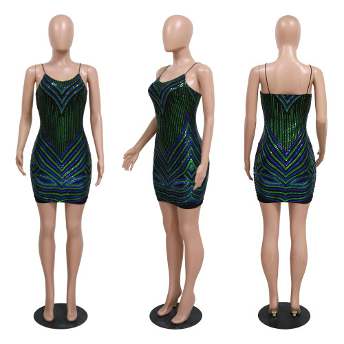 Hip wrap tag sequin dress with feminine A-line slimming skirt