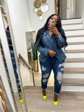 Slim fitting double breasted lion button denim suit jacket