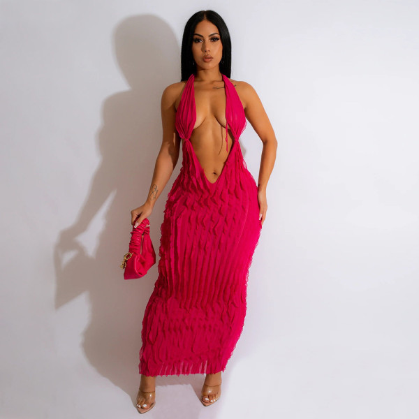 Hanging Neck Open Back Sexy V-Neck Dress Long Dress