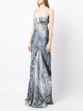 Sexy Women's Denim Print Pin Decorative Naked Back Strap Floor Dragging Long Dress Set