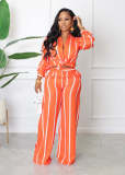 Women's printed striped shirt set two-piece long sleeved loose fitting straight tube