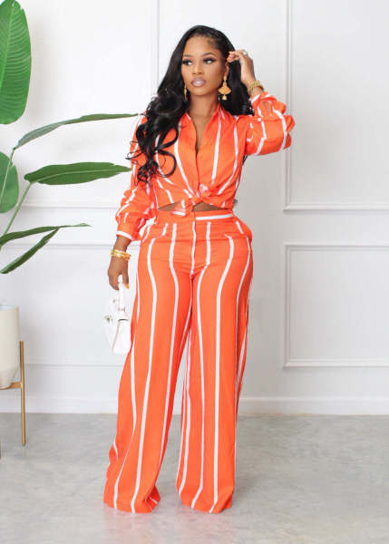Women's printed striped shirt set two-piece long sleeved loose fitting straight tube